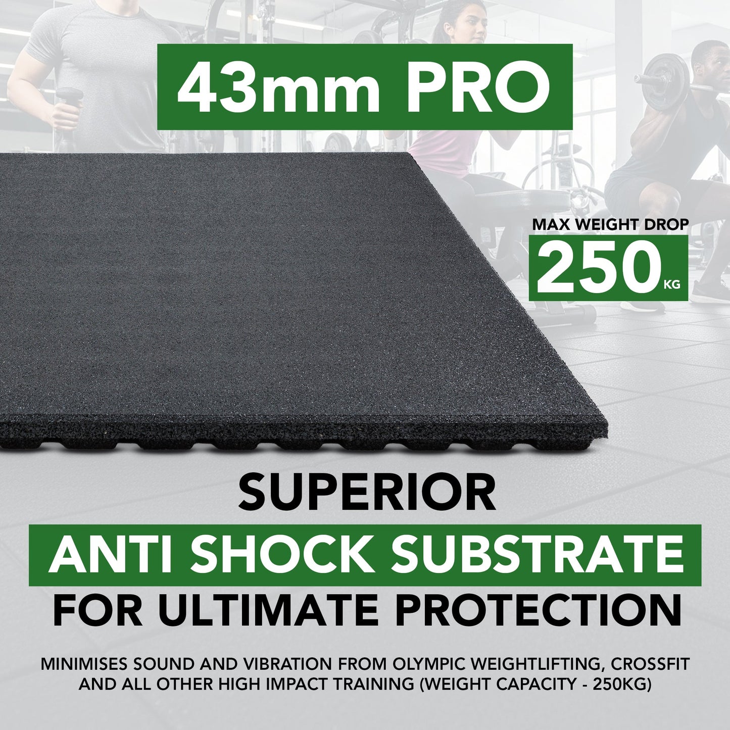 43mm Sprung PRO Rubber AntiShock Gym Flooring Tile
